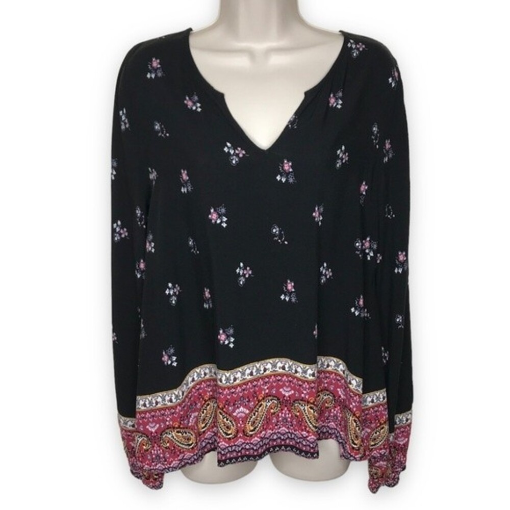 Abercrombie & Fitch Boho Split V Neck Black Red Paisley Border Print Blouse Med